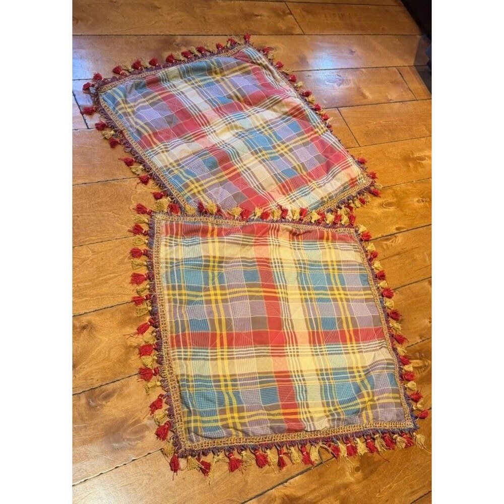 CROWN CRAFTS Plaid Euro Pillow Sham Set 25” X 25” Tassle Ornate Pakistan  USA